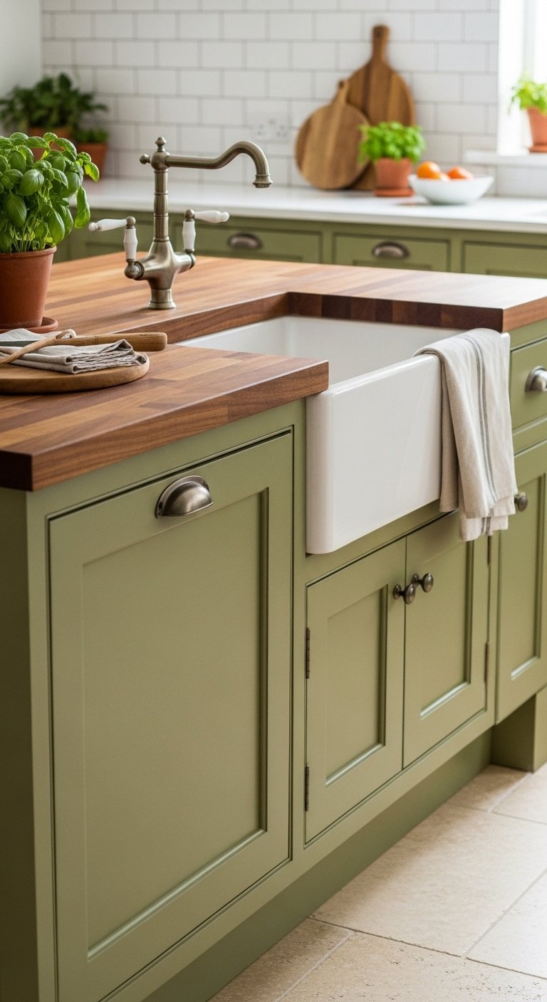 Charming olive green kitchen island with butcher block countertop farmhouse sink and white subway tiles