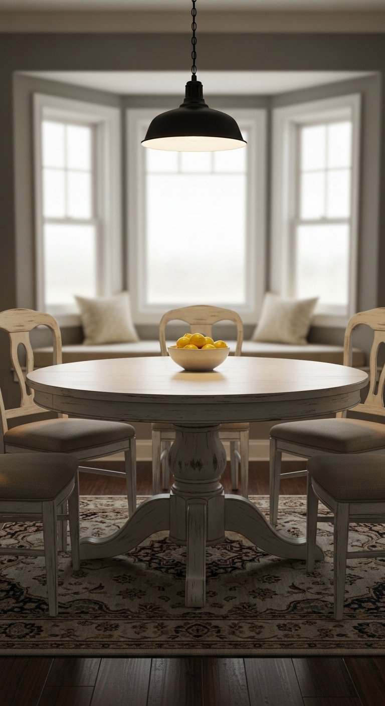 Charming round farmhouse dining table with distressed white finish ornately carved pedestal base and cushioned chairs