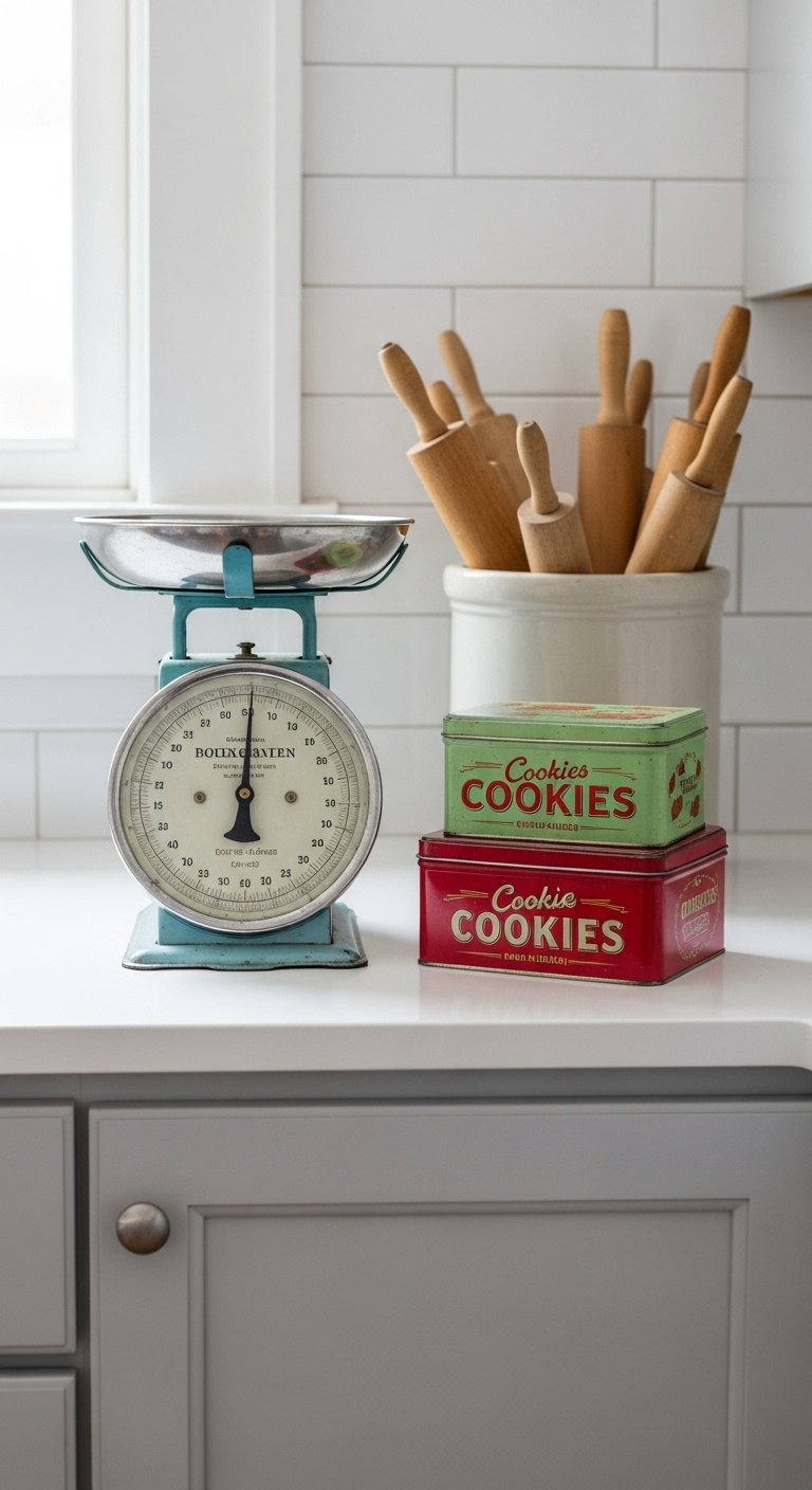 Charming vignette with old fashioned metal kitchen scale vintage cookie tins and antique wooden rolling pins on light gray cabinets