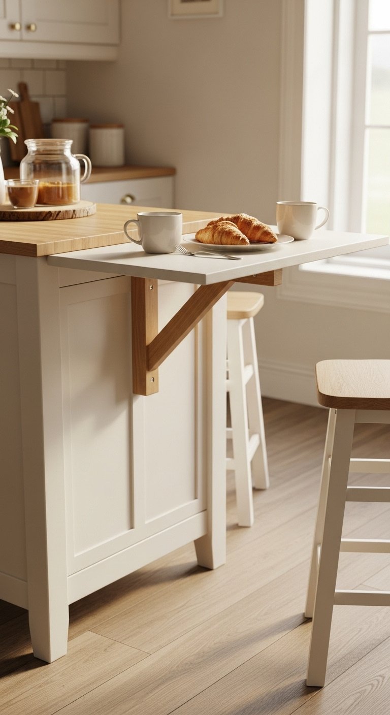 Charming white kitchen island with drop-leaf extension for dining and butcher block top in a bright kitchen