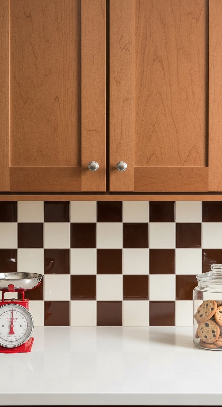 Checkerboard tile backsplash in chocolate brown and creamy white with brown shaker cabinets