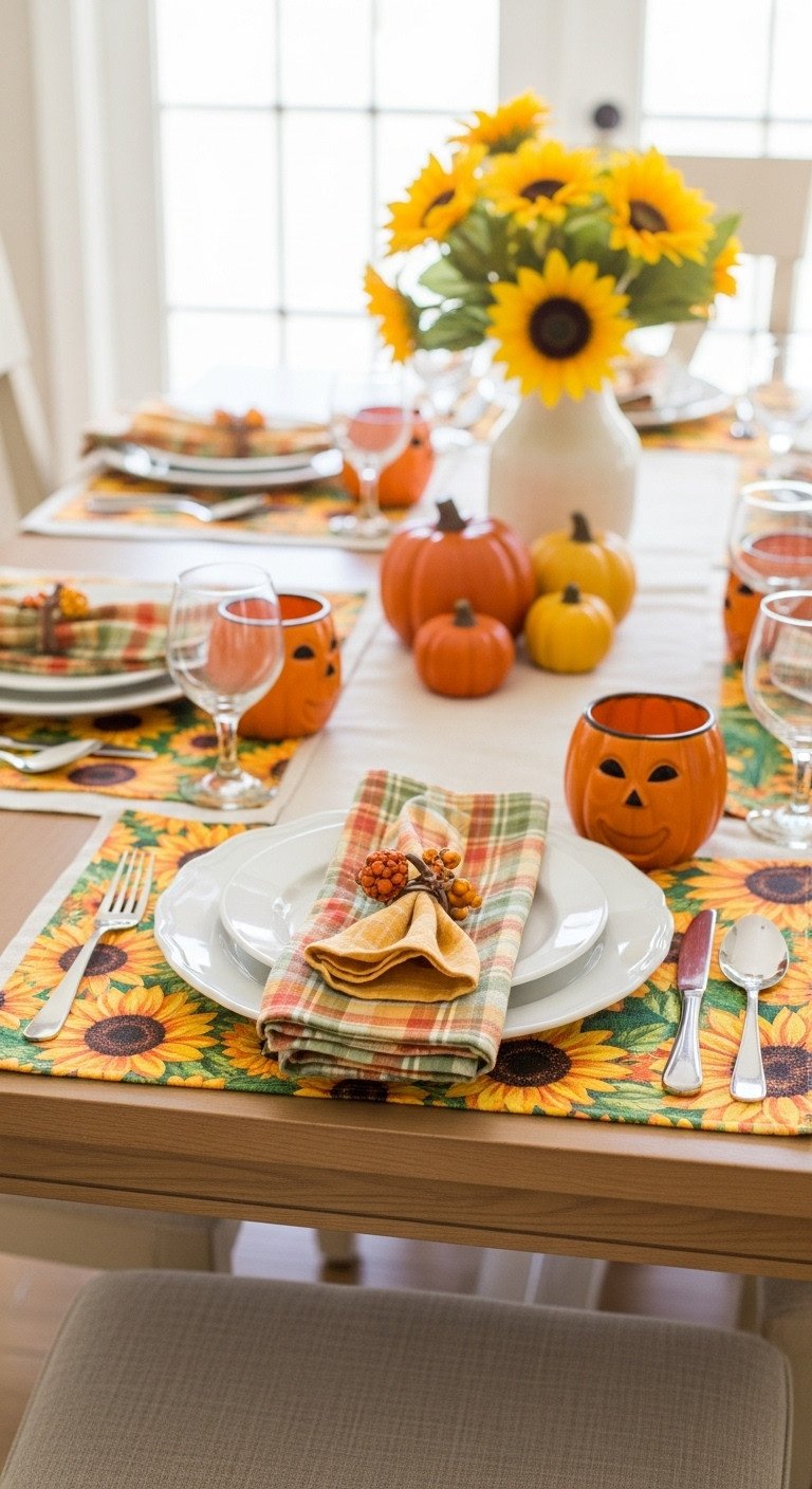 Cheerful Harvest Thanksgiving table setting with Dollar Tree sunflower placemats plaid napkins and pumpkin glasses