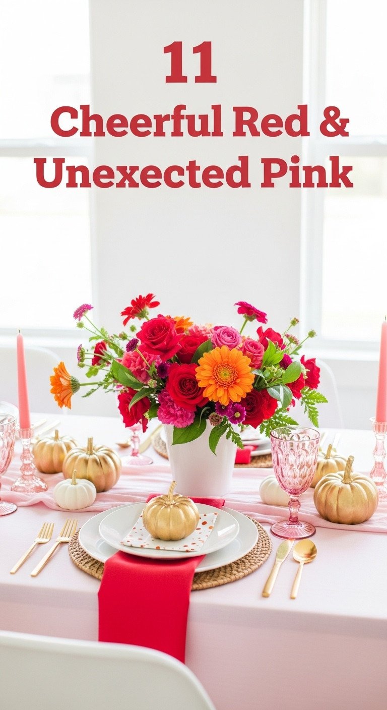 Cheerful red and pink Thanksgiving table decor with a pink tablecloth white plates red napkins and vibrant floral centerpiece