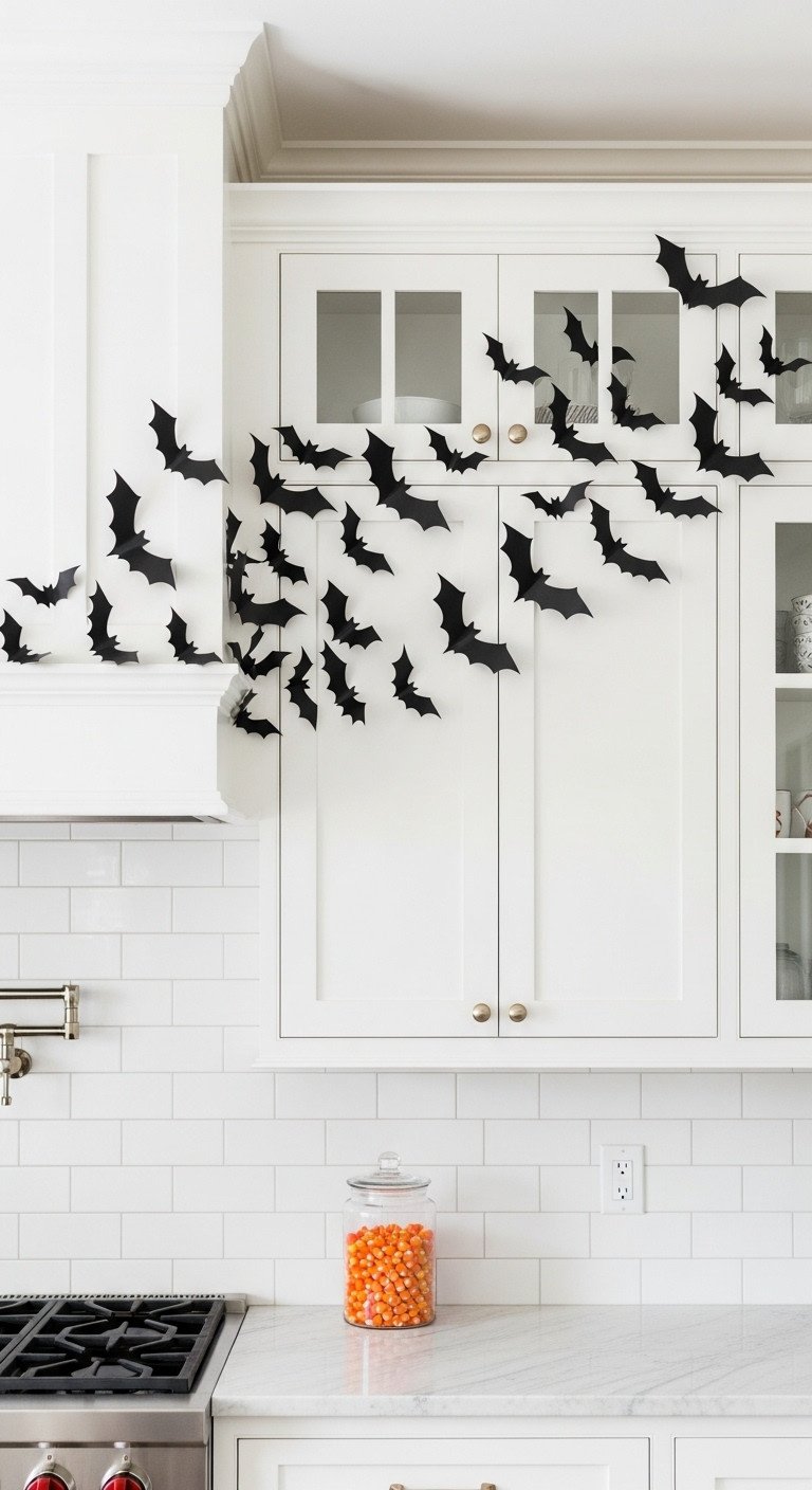 Chic Halloween kitchen cabinet decor with black bats flying from white shaker cabinets and a glass jar of candy corn below