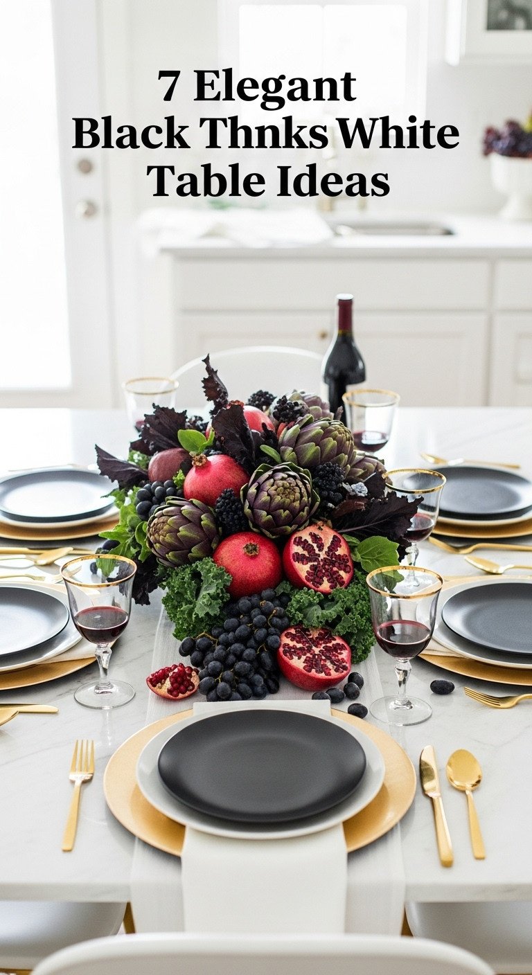 Chic black and white Thanksgiving table with gold chargers black plates and fresh produce centerpiece of artichokes pomegranates and grapes