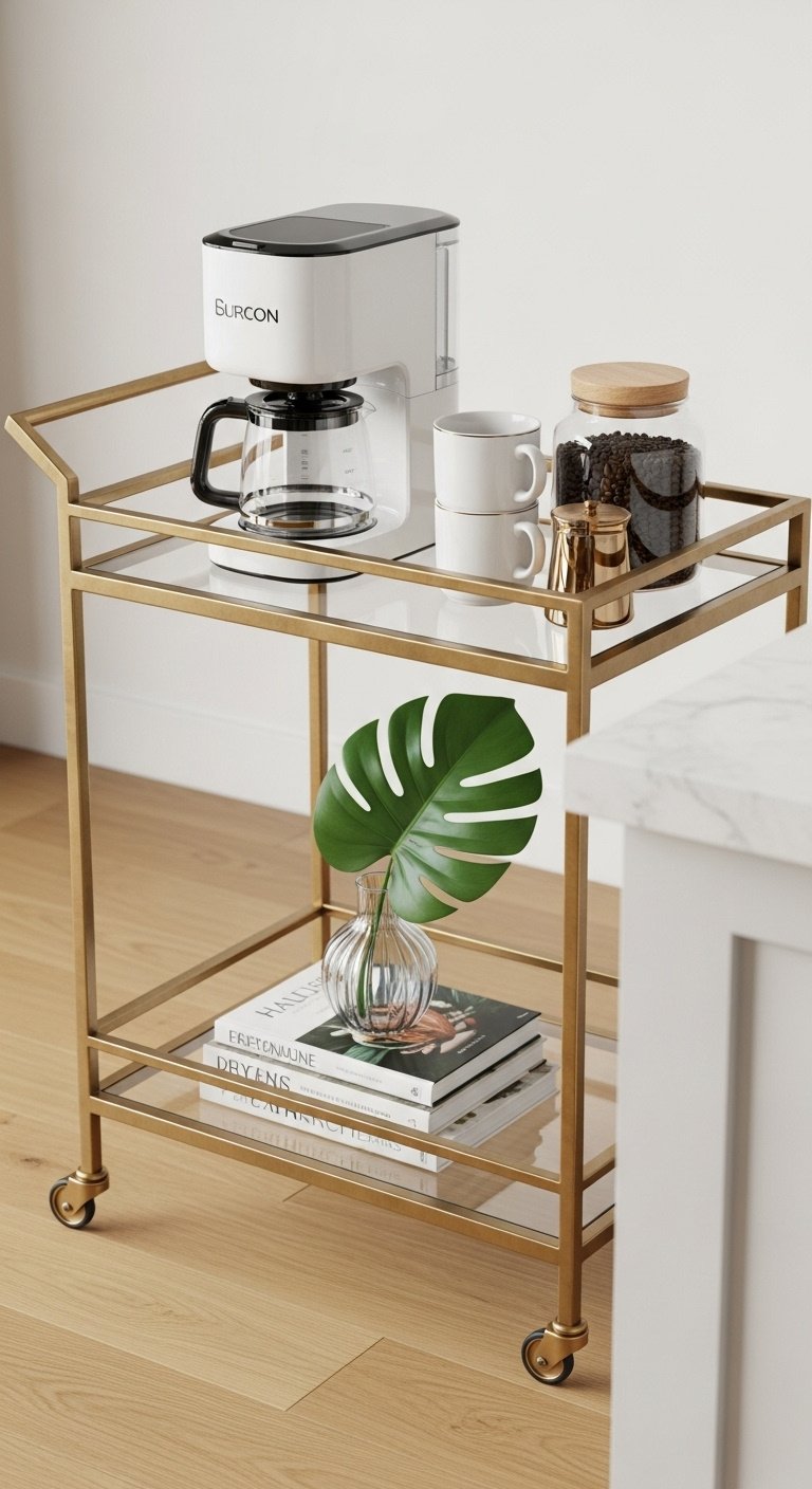 Chic gold and glass two-tiered bar cart with white drip coffee maker mugs coffee beans cookbooks and a monstera leaf on oak floor