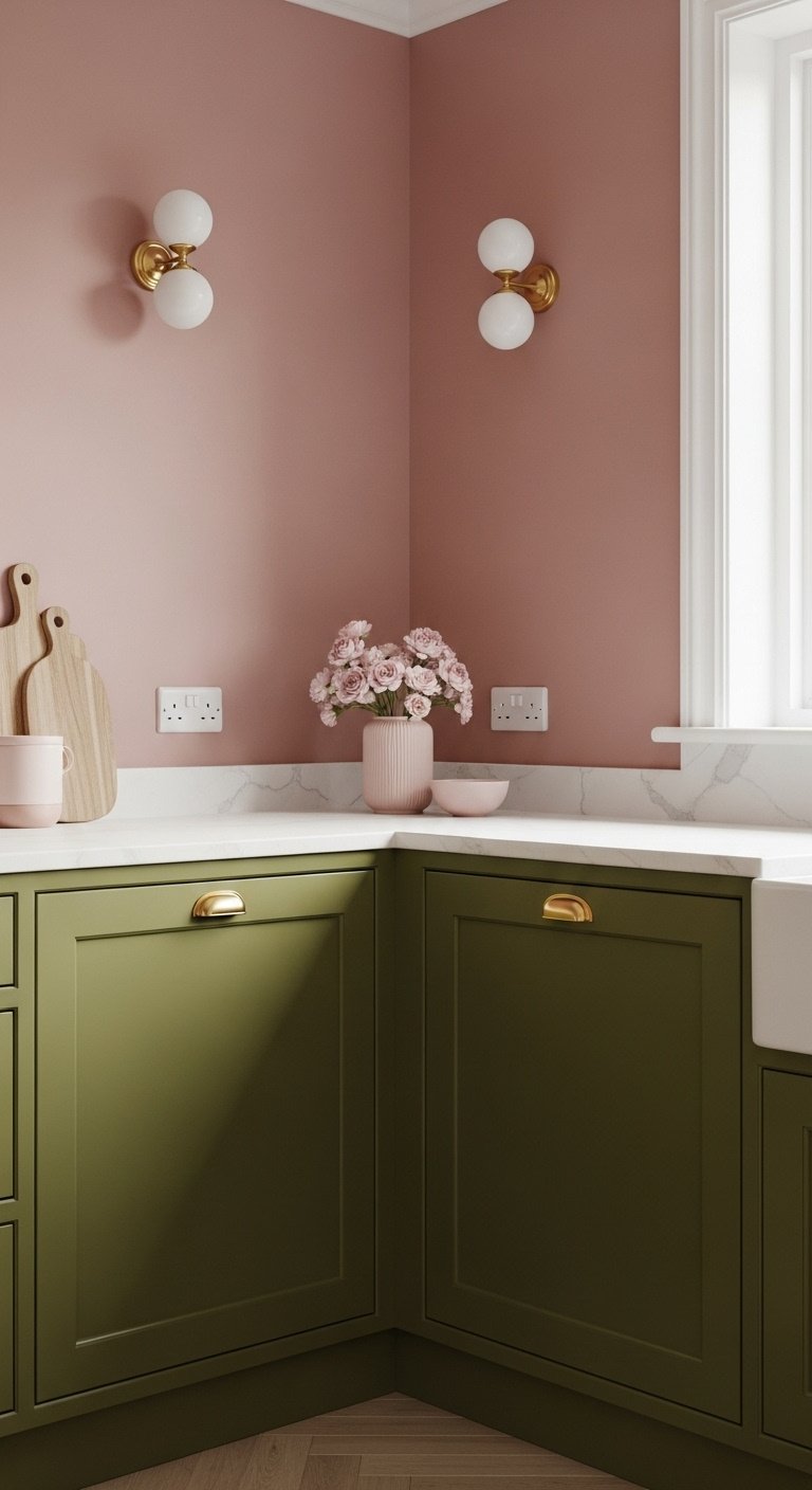 Chic kitchen with deep olive green base cabinets dusty rose walls white countertop pink flowers gold pulls natural light