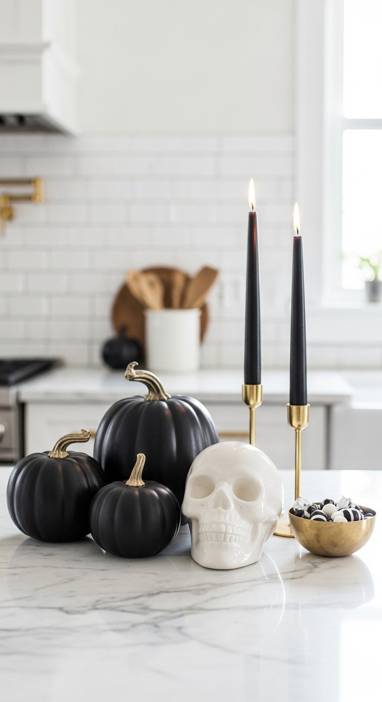 Chic modern Halloween kitchen decor with matte black pumpkins white skull black taper candles and brass accents on marble countertop