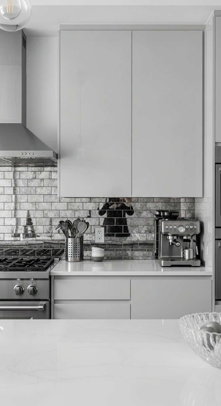 Chic modern kitchen with high-gloss light gray cabinets antique mirrored subway tiles and stainless steel appliances