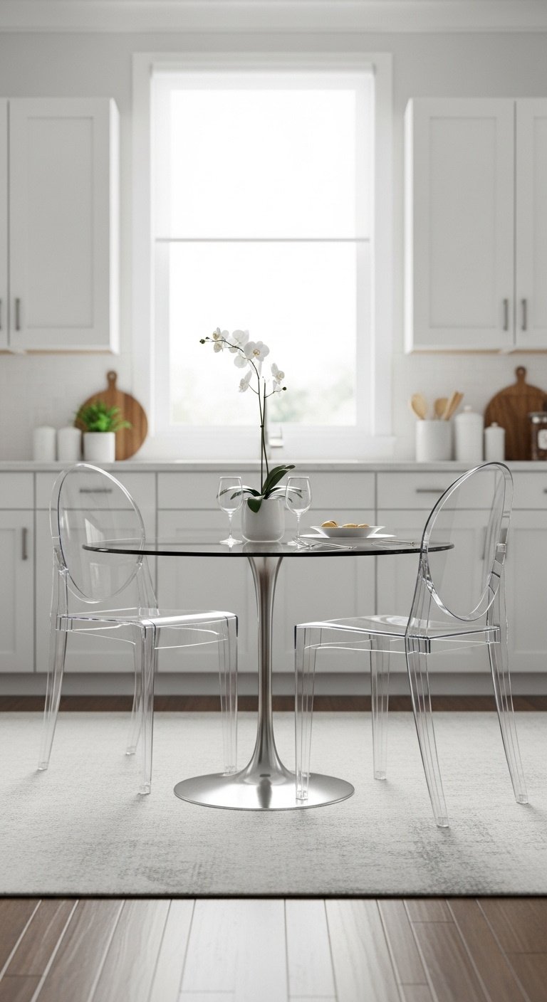 Chic round glass-topped dining table with transparent acrylic ghost chairs in a small, well-lit kitchen