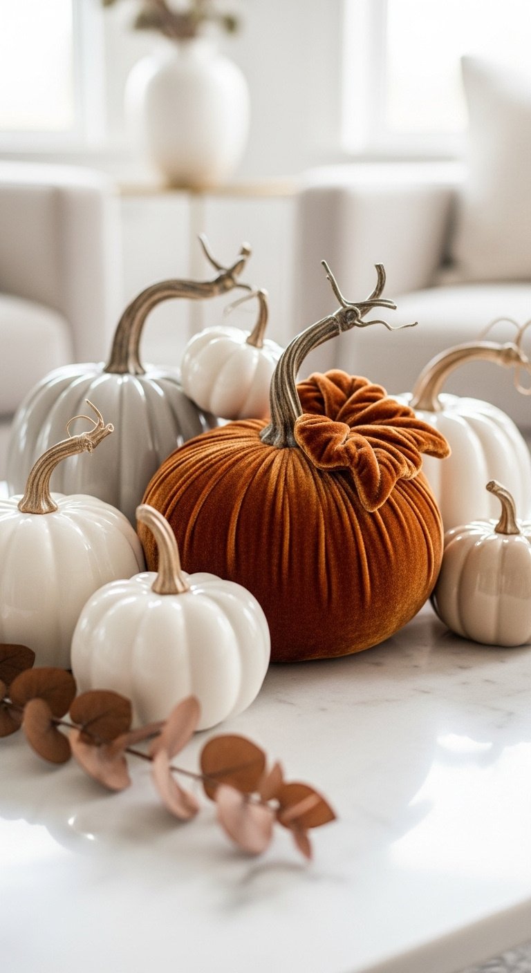 Chic rust orange velvet pumpkin surrounded by white and greige ceramic pumpkins on a white marble coffee table