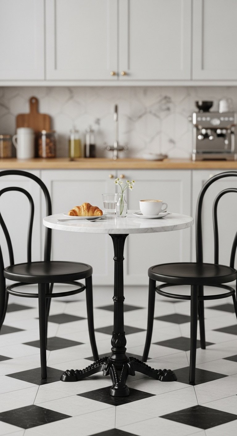 Chic small white marble bistro table with black chairs in a bright kitchen corner under natural morning light