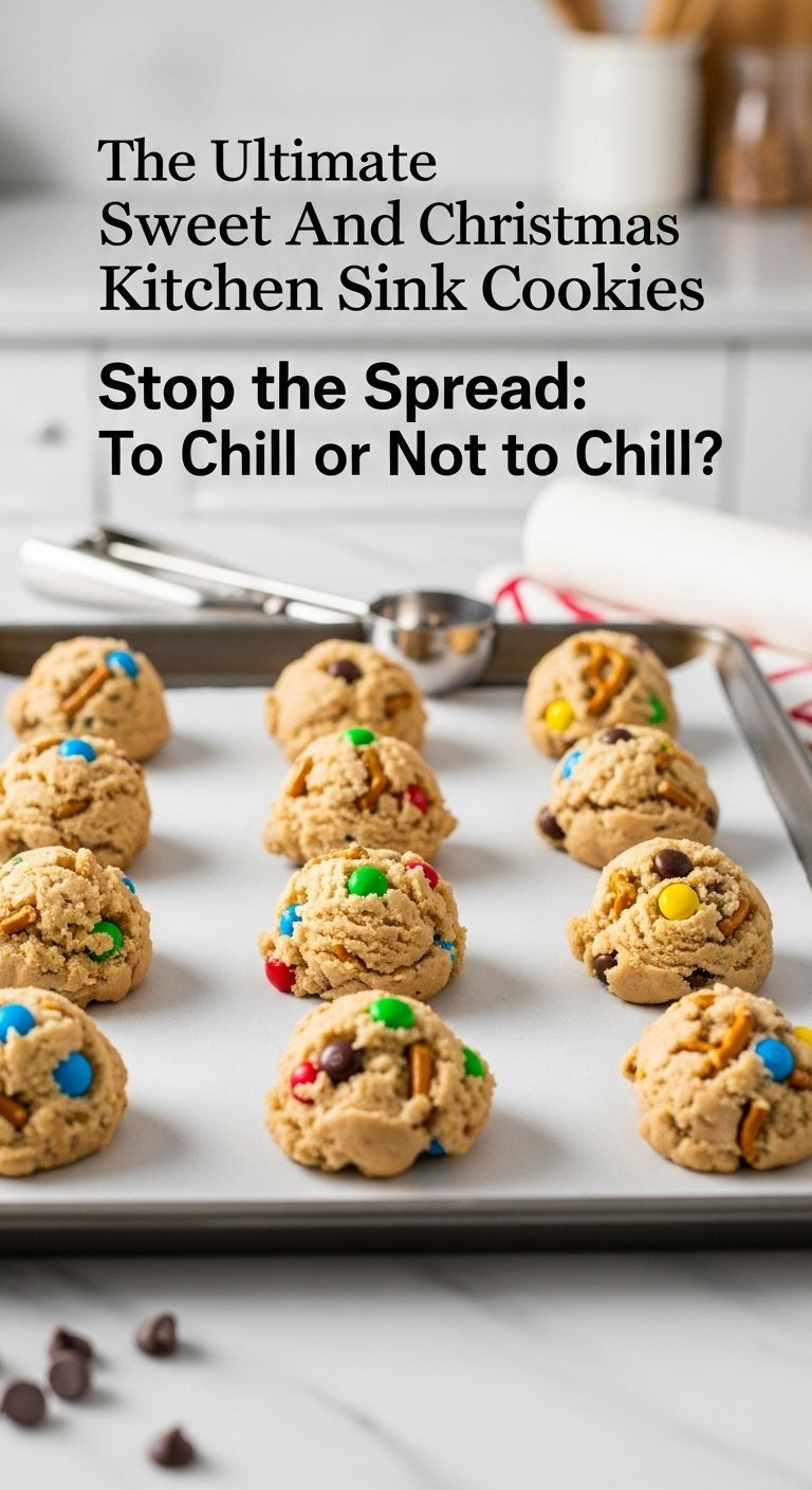 Chilled scoops of colorful Christmas Kitchen Sink cookie dough with MMs pretzels and chocolate chips on parchment paper with a scoop