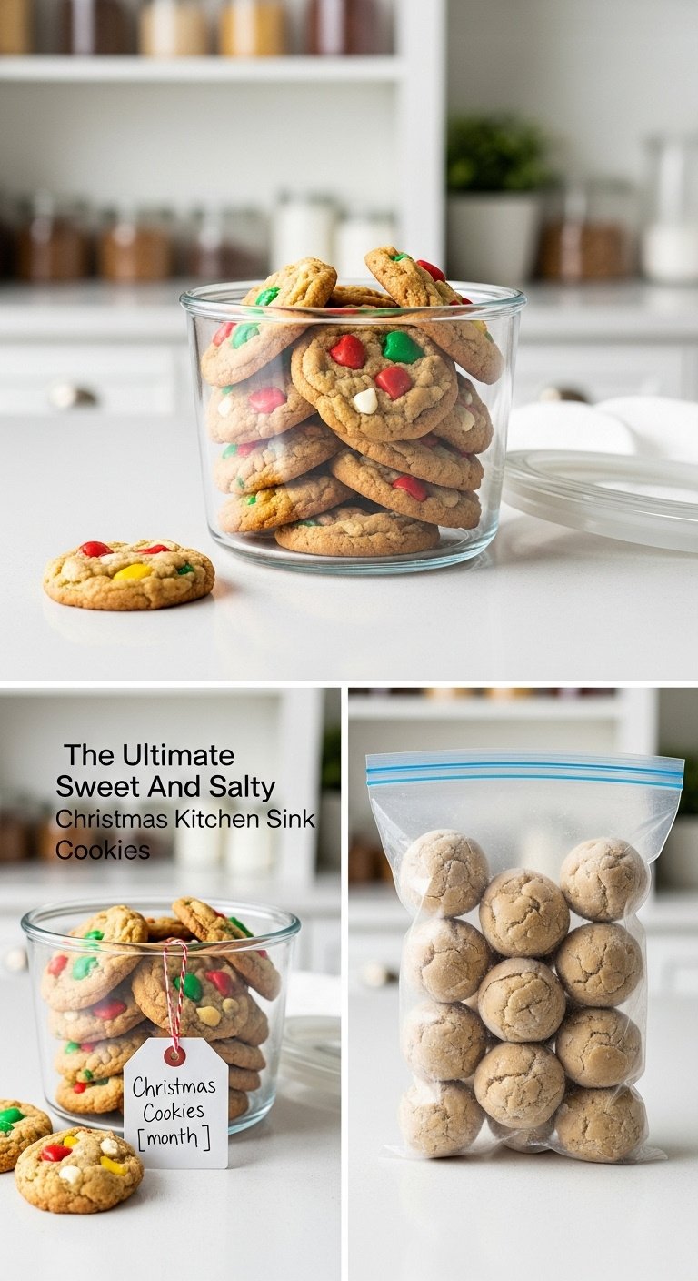 Christmas Kitchen Sink Cookies in an airtight glass container and frozen cookie dough balls in a freezer bag for storage