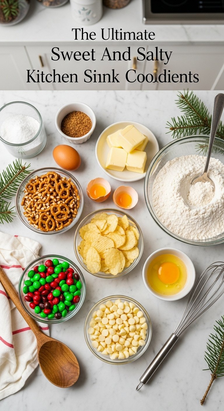 Christmas Kitchen Sink Cookies ingredients flat lay on marble countertop with pretzels MMs chips flour butter eggs and baking tools