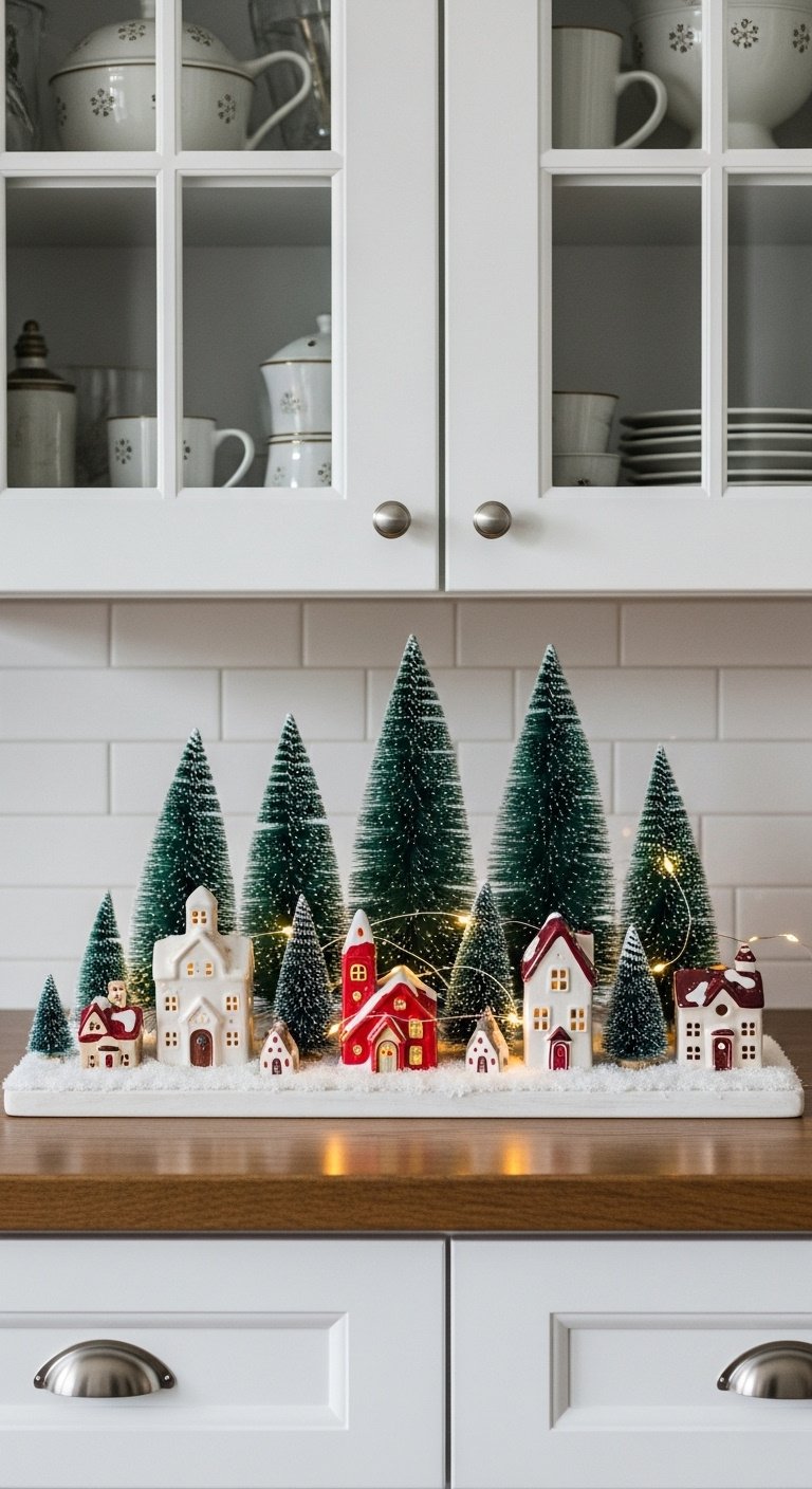 Christmas themed vignette above kitchen cabinets with a mini Christmas village and bottle brush trees on faux snow