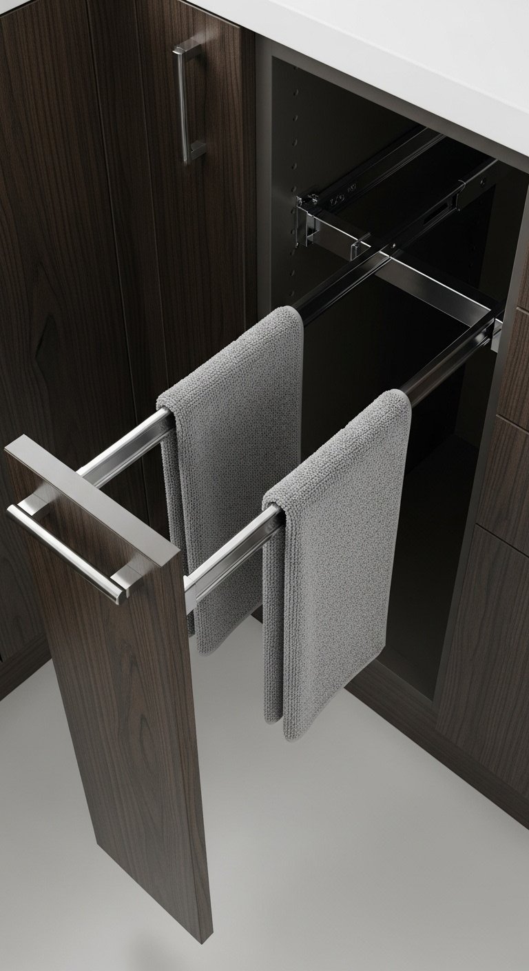 Chrome pull out towel rail with gray microfiber dish towels inside an open dark wood kitchen cabinet