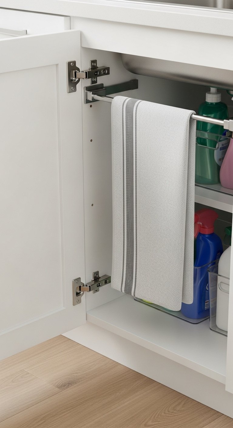 Chrome towel bar with gray striped dish towel mounted inside an open white kitchen cabinet door