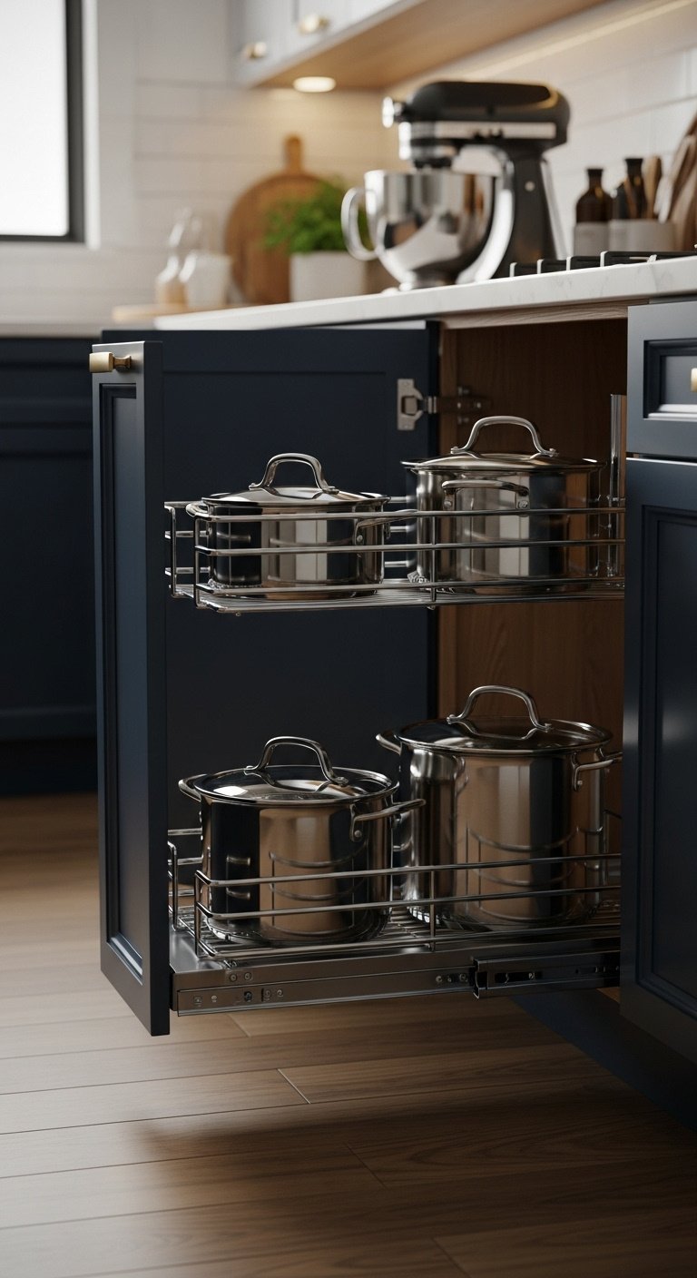 Chrome wire pull-out shelf extended from a dark blue kitchen cabinet, organized with stainless steel pots and pans