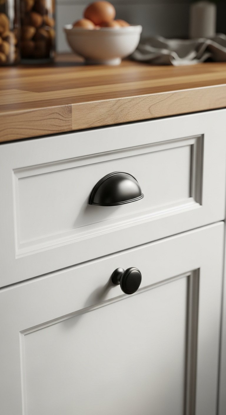 Classic black cup pull on a white Shaker cabinet drawer with a matching knob on the door, soft natural light, butcher block counter