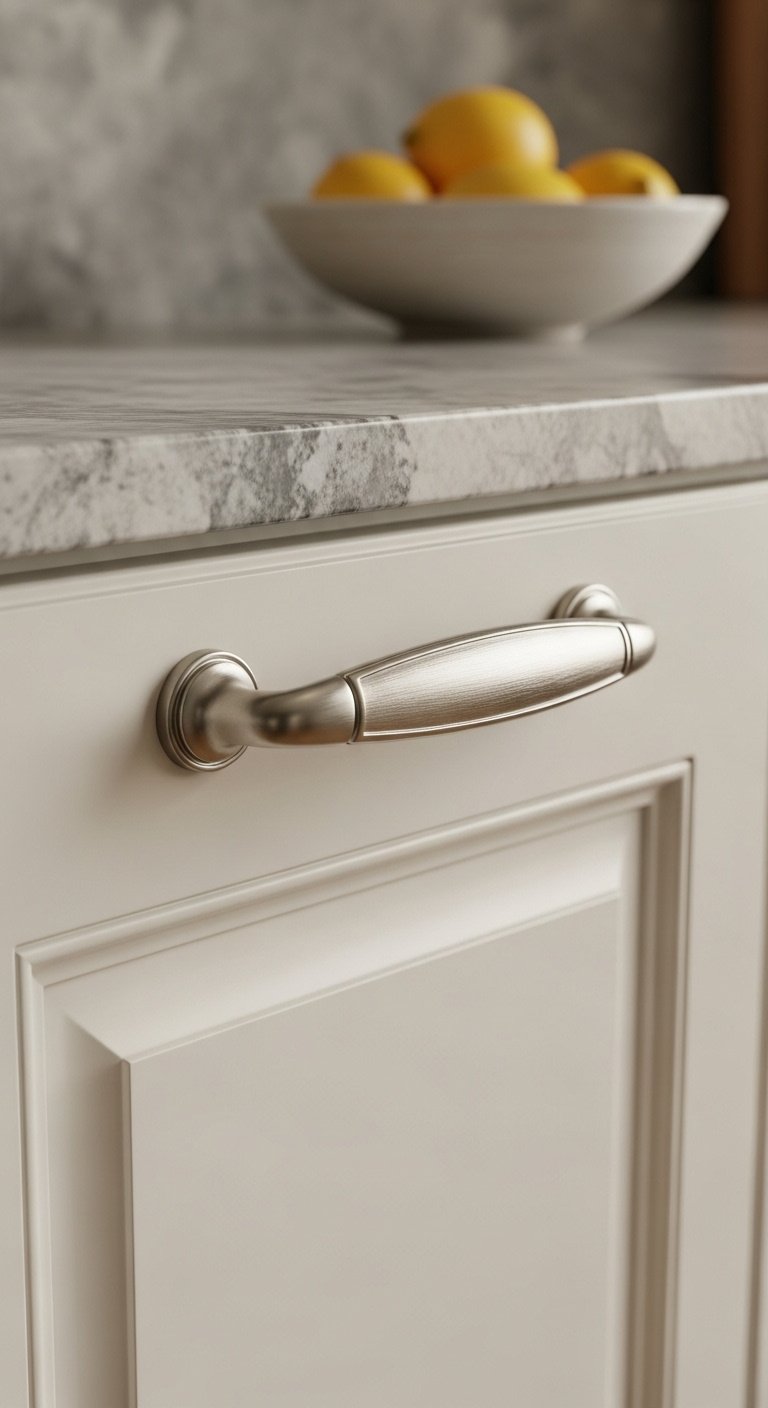 Classic brushed nickel cabinet pull on a traditional white cabinet with natural light and cozy rustic mood