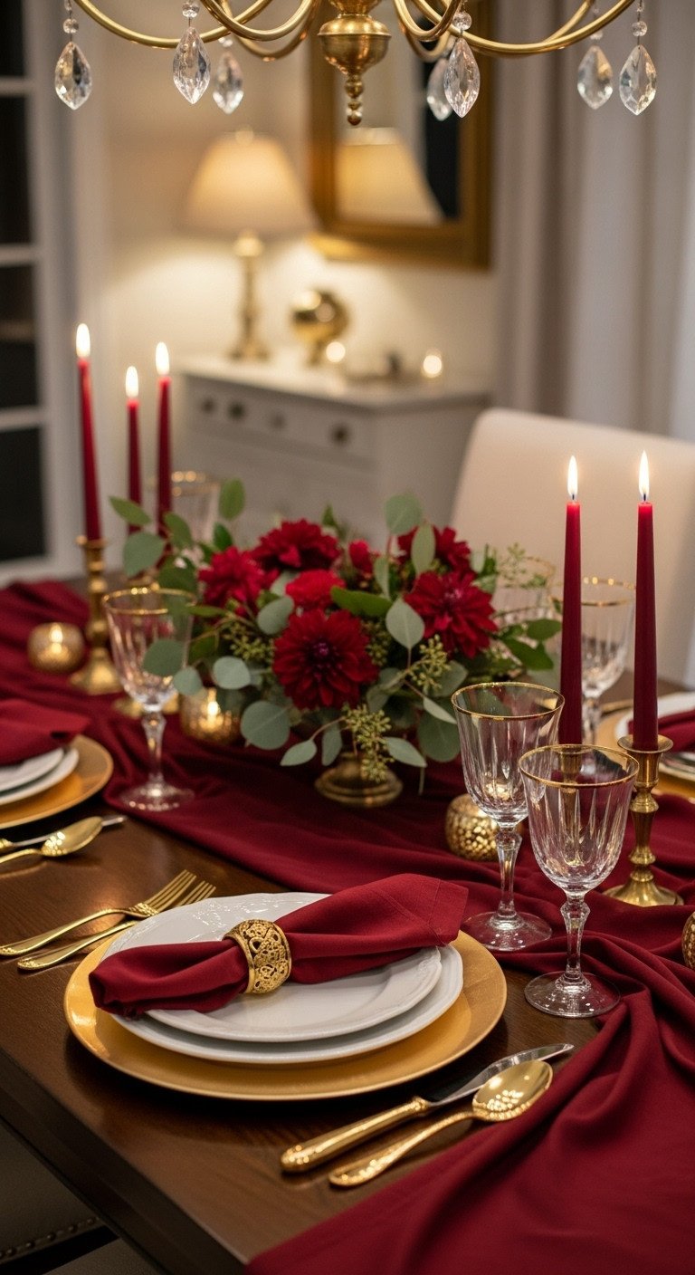Classic burgundy and gold elegant Thanksgiving table decor with linen tablecloth charger plates napkins flatware candles and dahlias