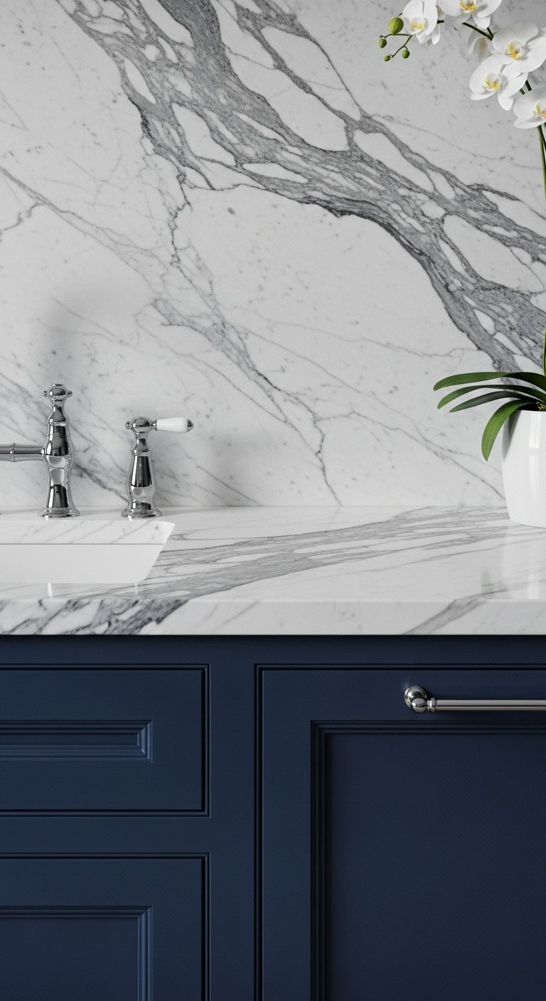 Classic indigo blue cabinets with luxurious white marble countertop and backsplash elegant chrome faucet and orchid