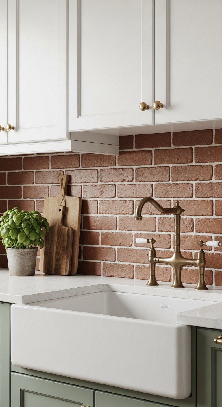 Classic red brick backsplash farmhouse kitchen with white sink quartz countertop basil plant wooden cutting board brass faucet and shaker cabinets