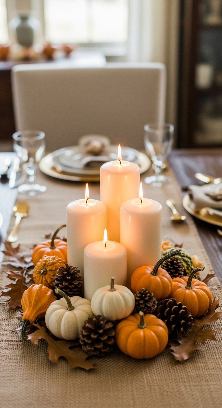 Classic rustic Thanksgiving centerpiece with ivory pillar candles gourds pumpkins pinecones and dried oak leaves on a burlap runner
