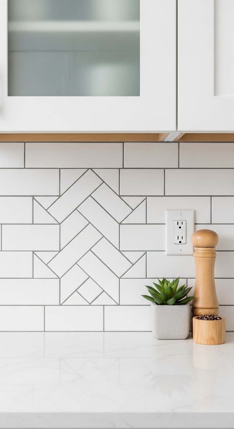Classic white subway tile backsplash in a herringbone pattern with dark gray grout behind a white quartz countertop and blurred white cabinets