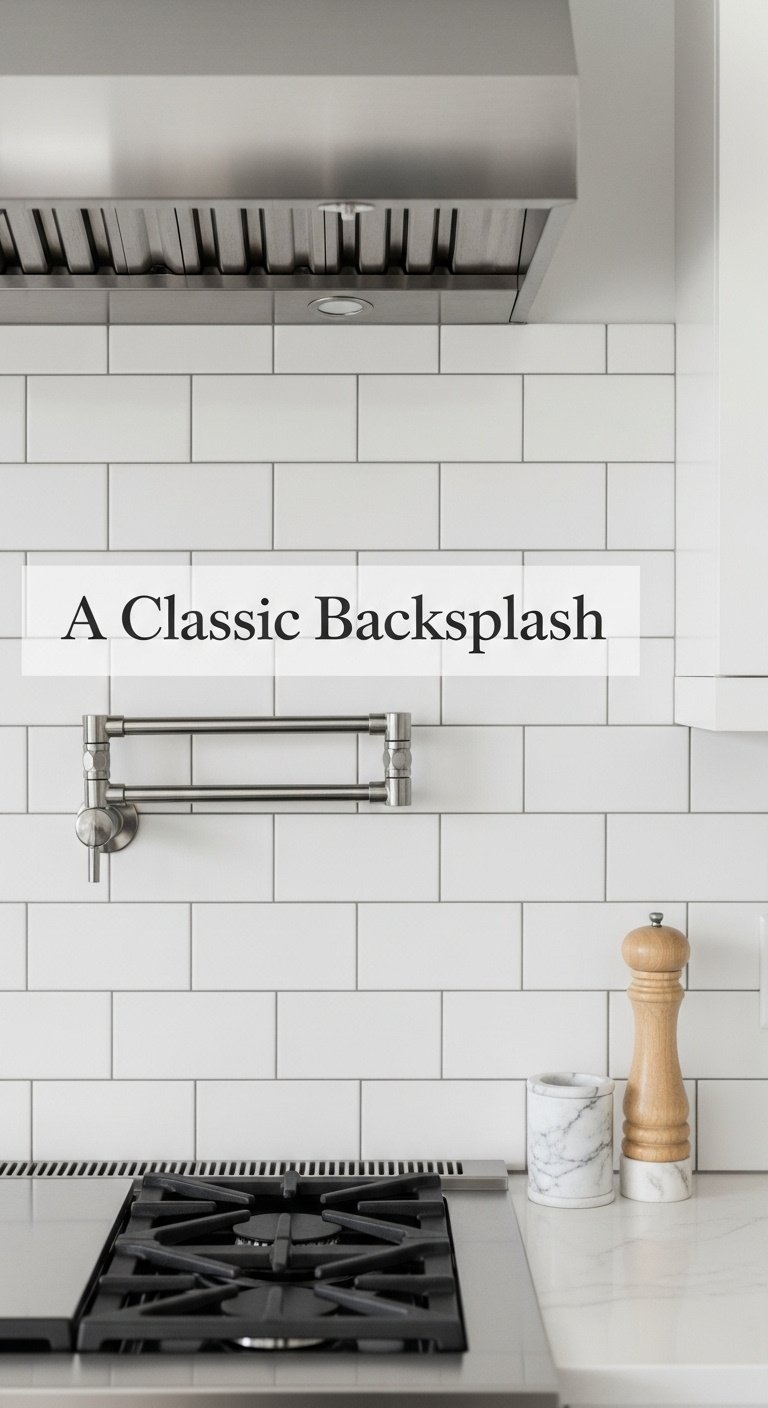 Classic white subway tile backsplash with dark gray grout behind a kitchen stove with stainless steel range hood salt cellar and pepper grinder