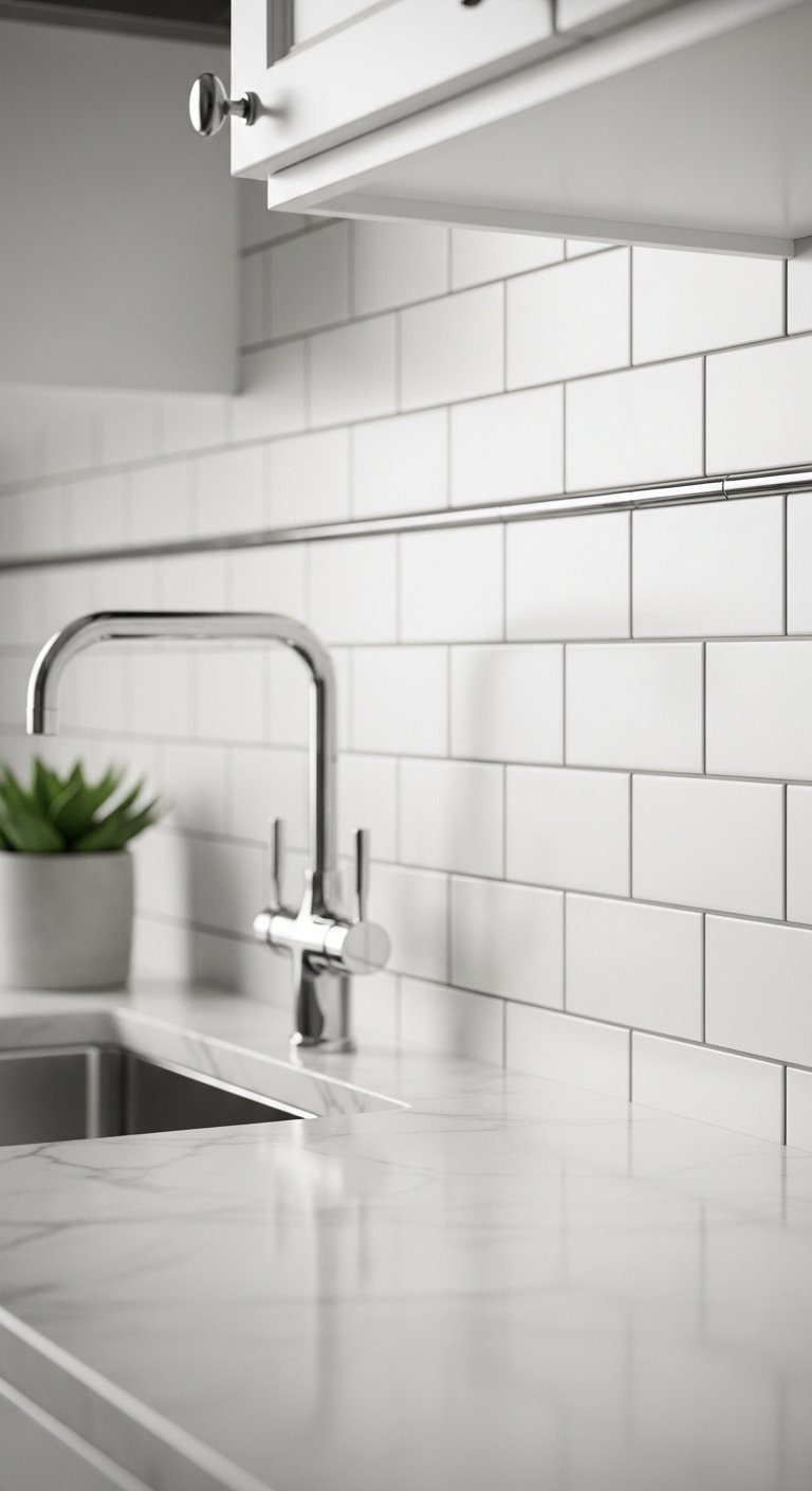 Classic white subway tile backsplash with dark gray grout marble countertop white shaker cabinets potted succulent chrome faucet