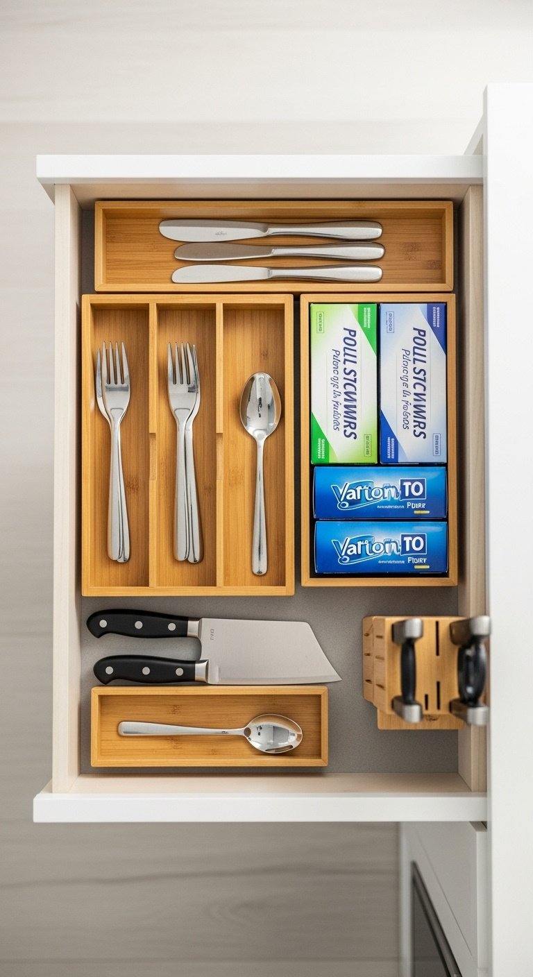 Clean kitchen cabinets with modern organization systems for optimal space utilization