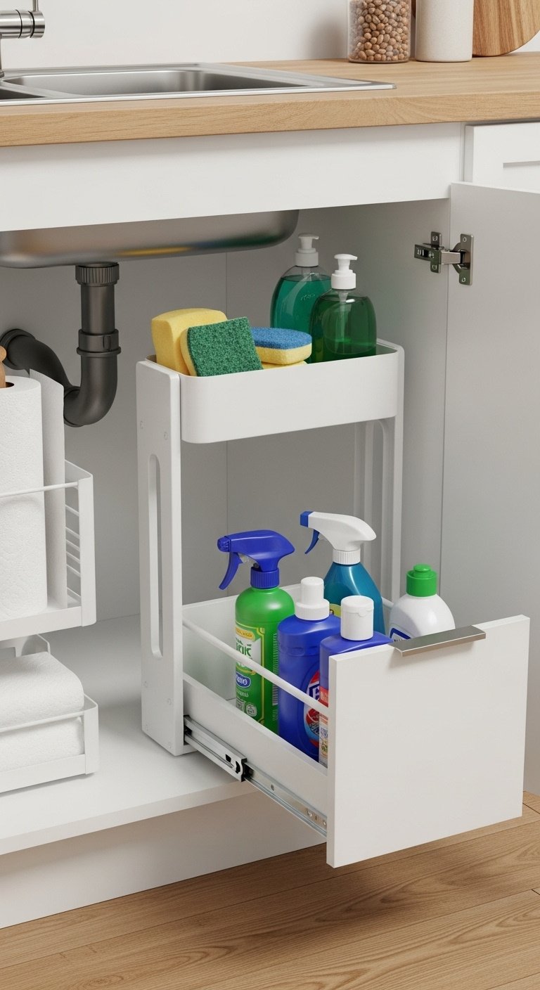Clean under-sink cabinet with a white two-tier sliding organizer holding sponges, dish soap, and cleaning supplies, with paper towels