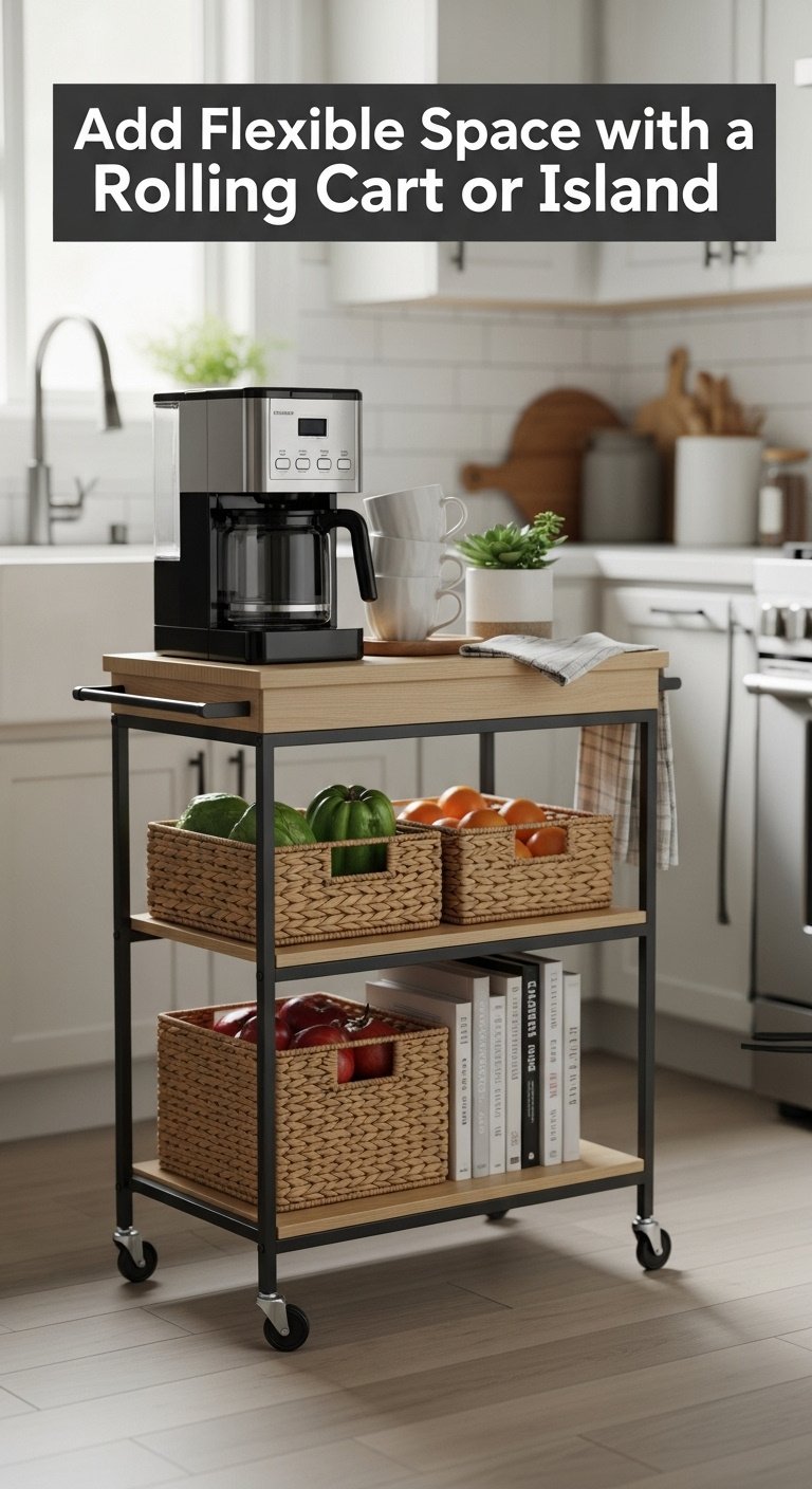 Clever small kitchen organization with magnetic strips and a portable rolling cart