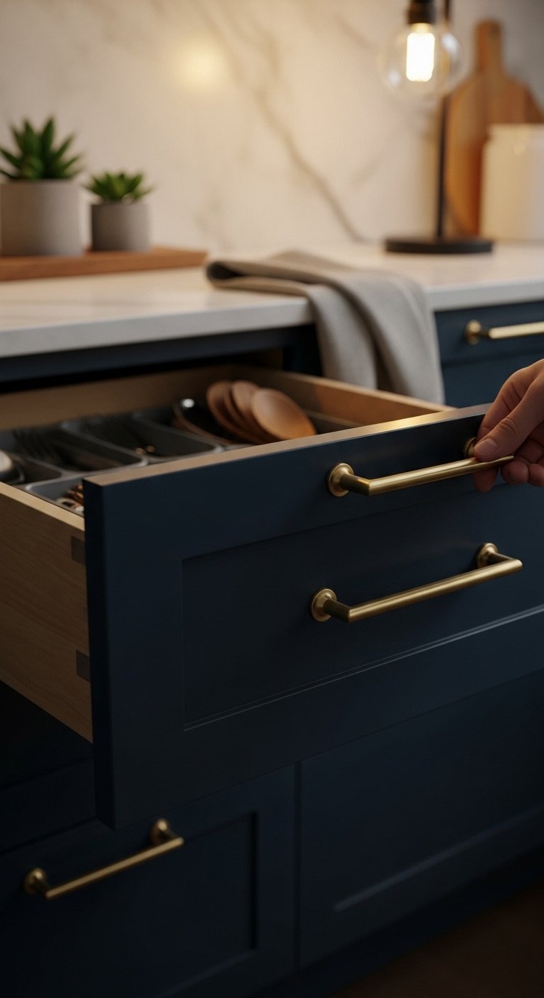 Close up of a deep navy blue kitchen cabinet drawer with a modern brushed brass pull handle being fitted revealing organized utensils