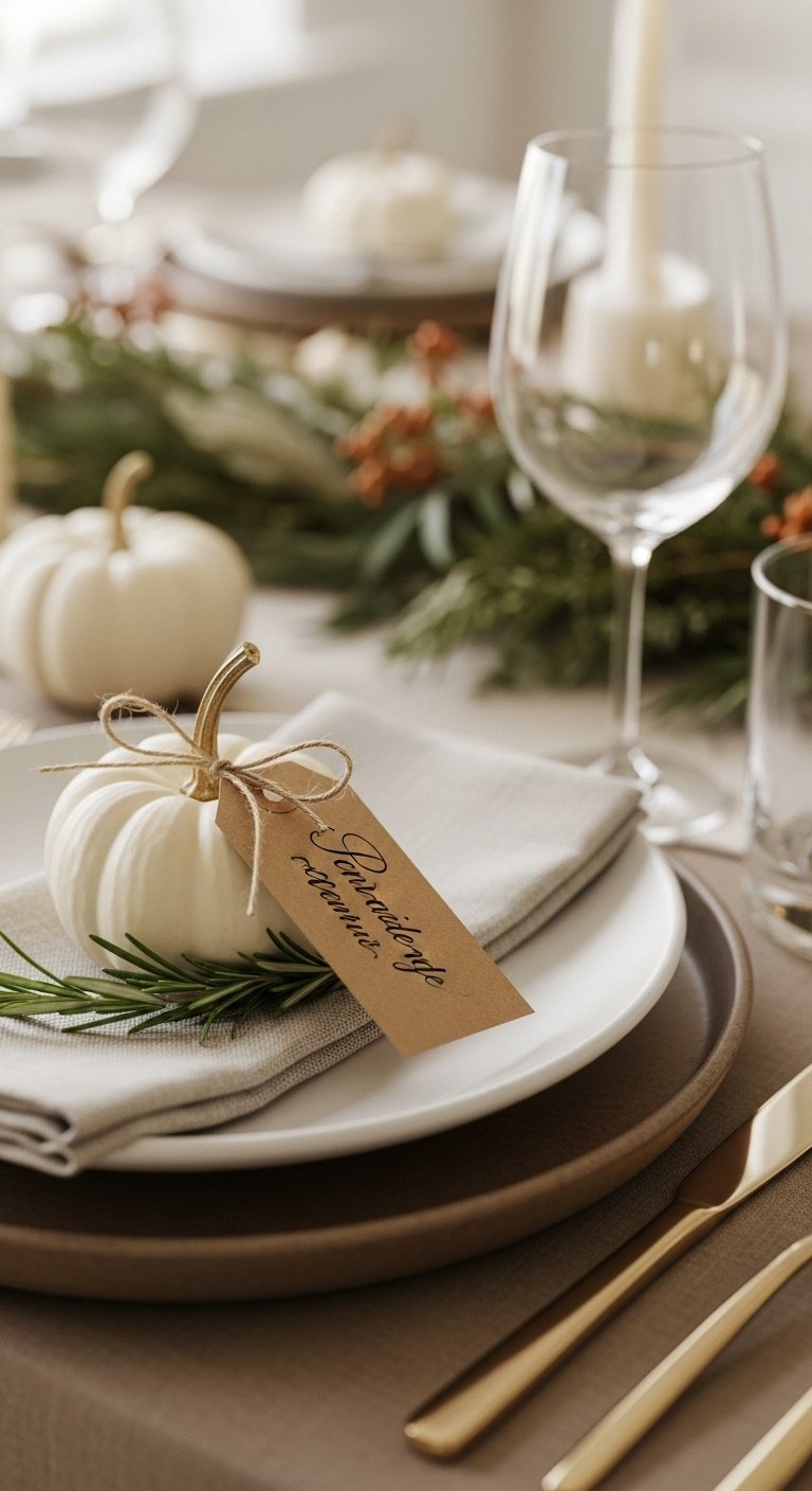 Close-up of a fall place setting with a white mini-pumpkin kraft paper tag and rosemary sprig