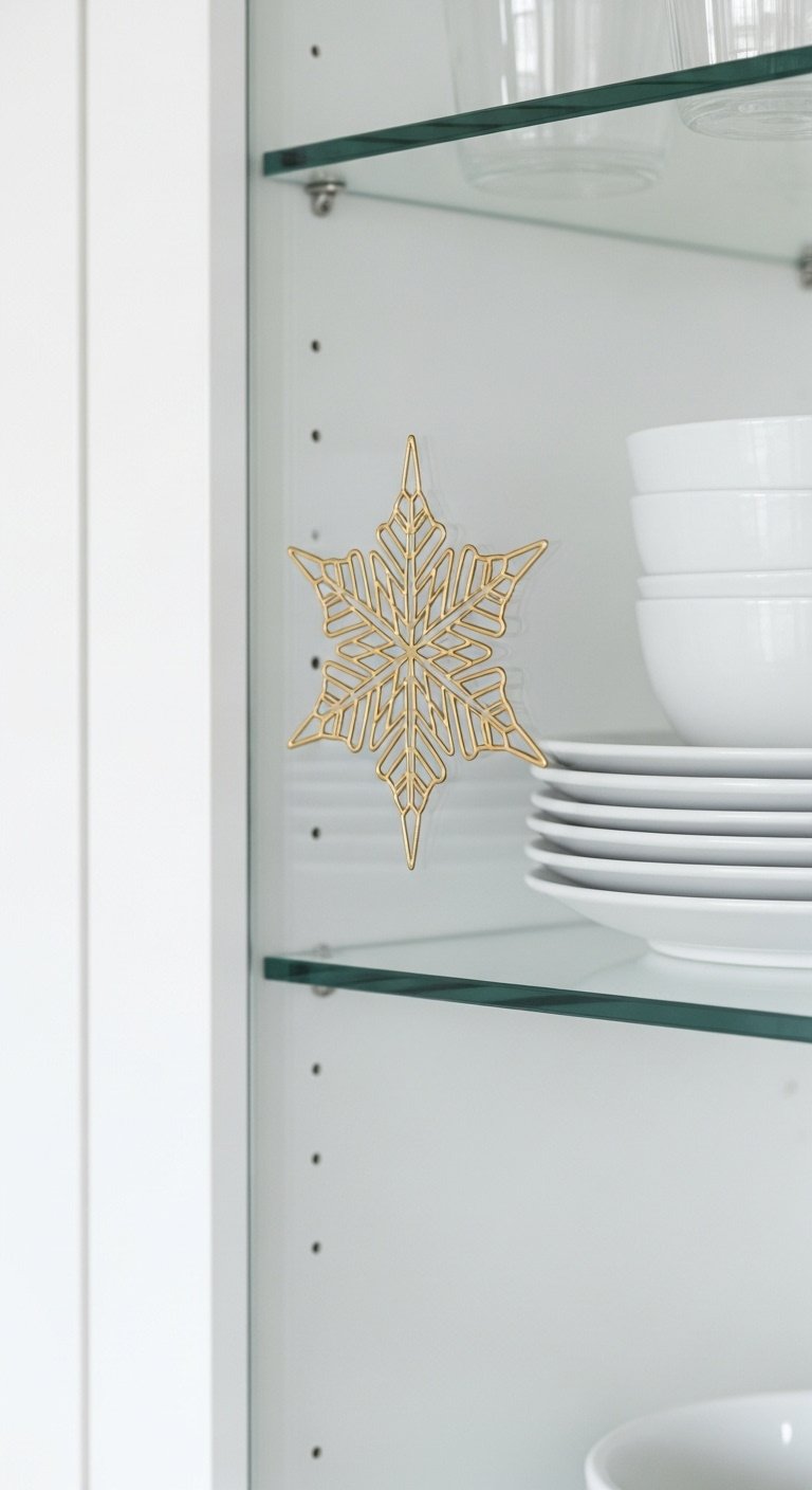 Close-up of a gold snowflake decal on a glass kitchen cabinet door with stacked white ceramic dishes inside