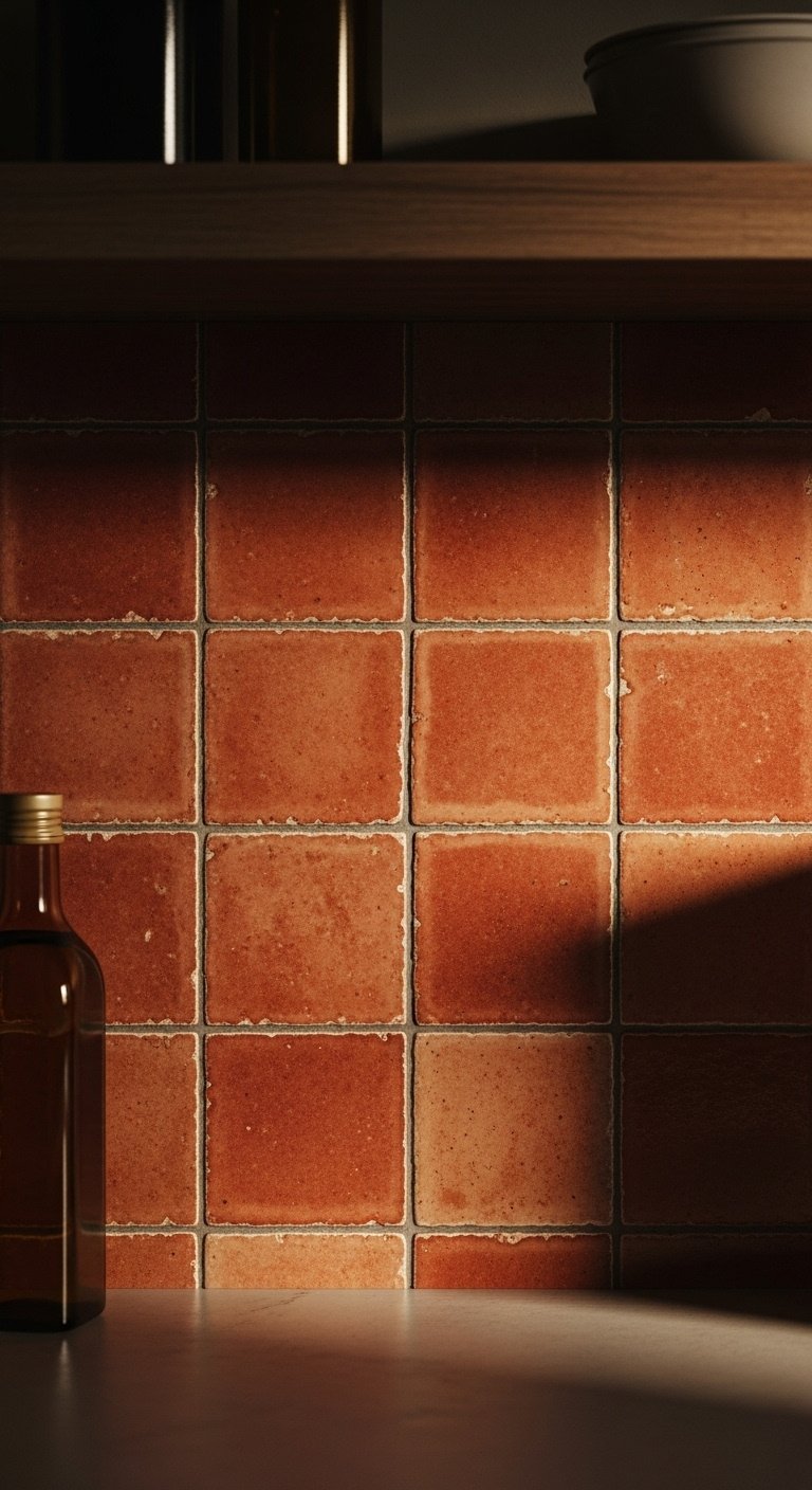 Close-up of a kitchen backsplash with square terracotta zellige tiles, glossy surface, warm moody light, and an amber olive oil bottle
