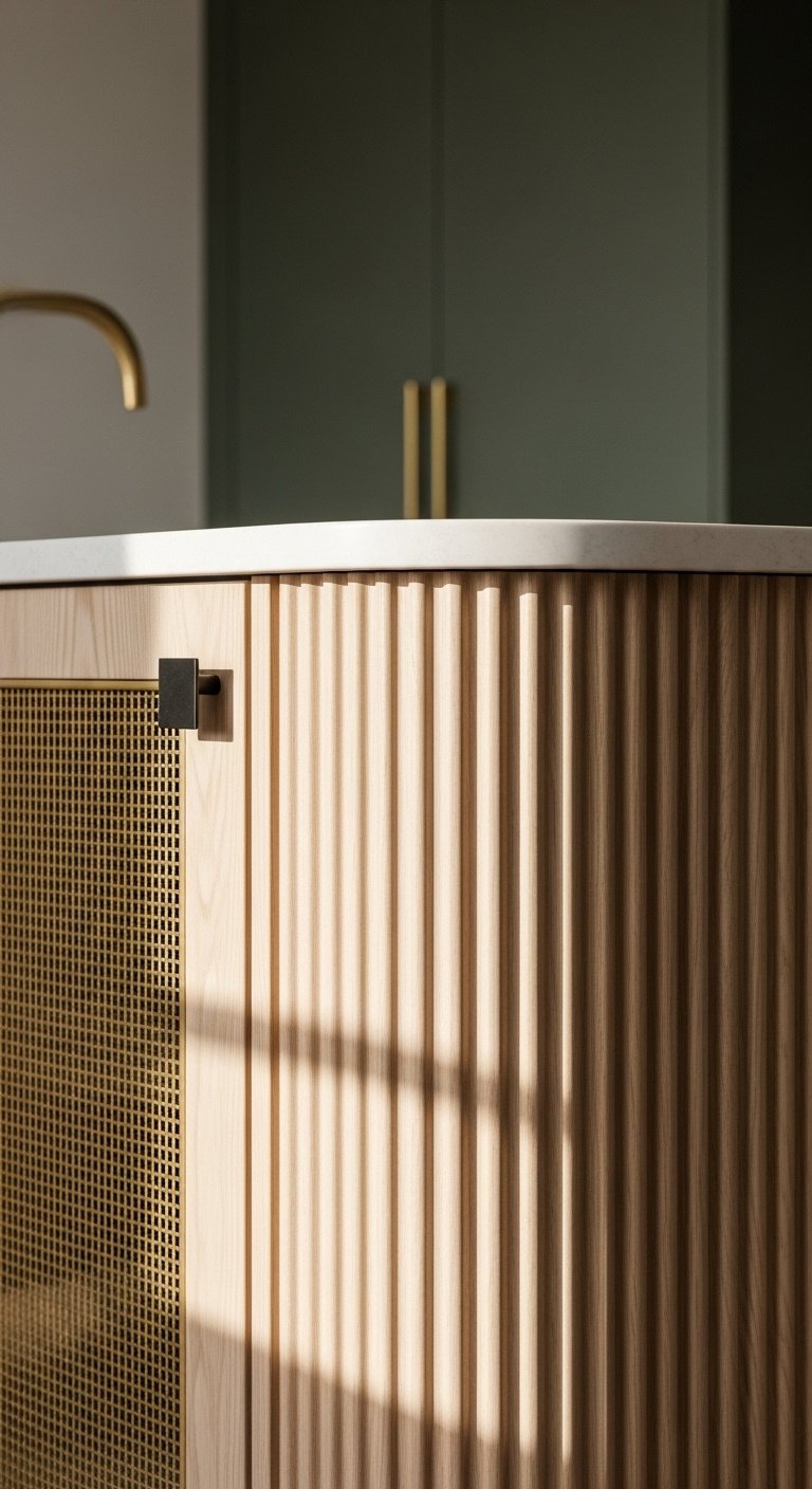 Close-up of a kitchen island with fluted white oak, a curved countertop edge, and a brass mesh cabinet door in soft natural light