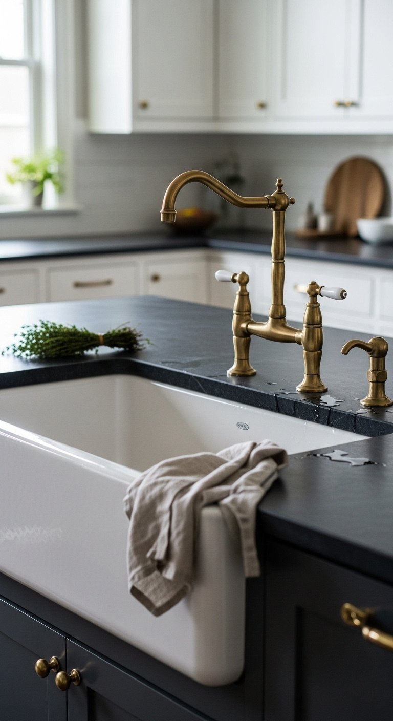 Close-up of a white fireclay apron-front farmhouse sink integrated into a dark soapstone island with aged brass bridge faucet