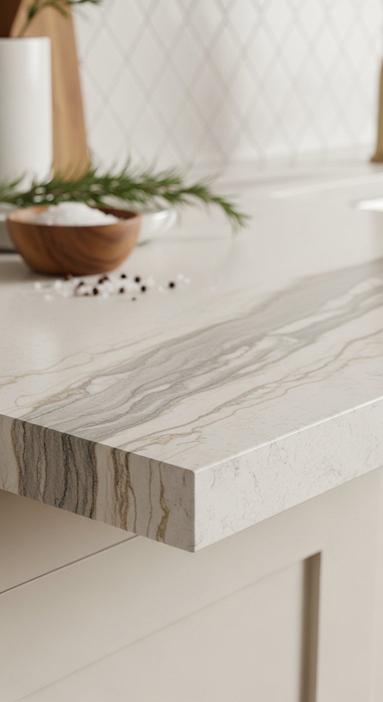 Close-up of honed quartzite countertop with grey and beige veining, soft studio light, wooden bowl with sea salt and rosemary, white zellige tiles