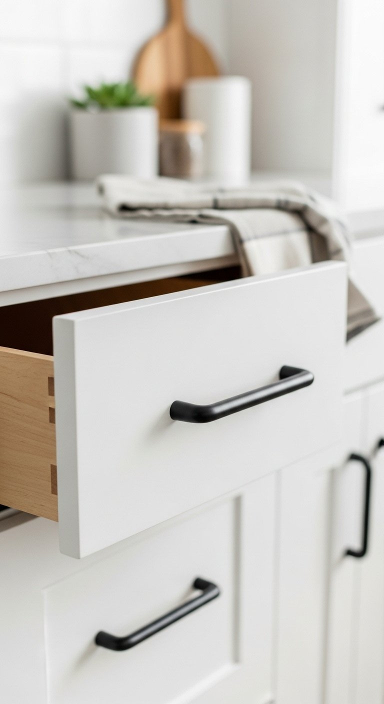 Close up of new matte black pull handle being installed on a white shaker kitchen cabinet drawer with a succulent and tea towel
