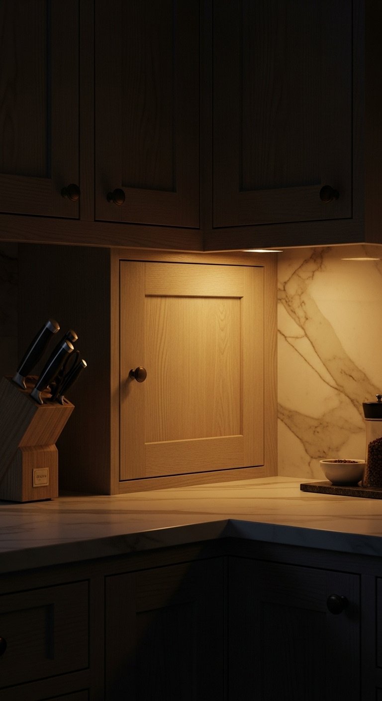 Close-up of white oak kitchen cabinets with warm under-cabinet LED lighting illuminating marble countertop and wood texture at night