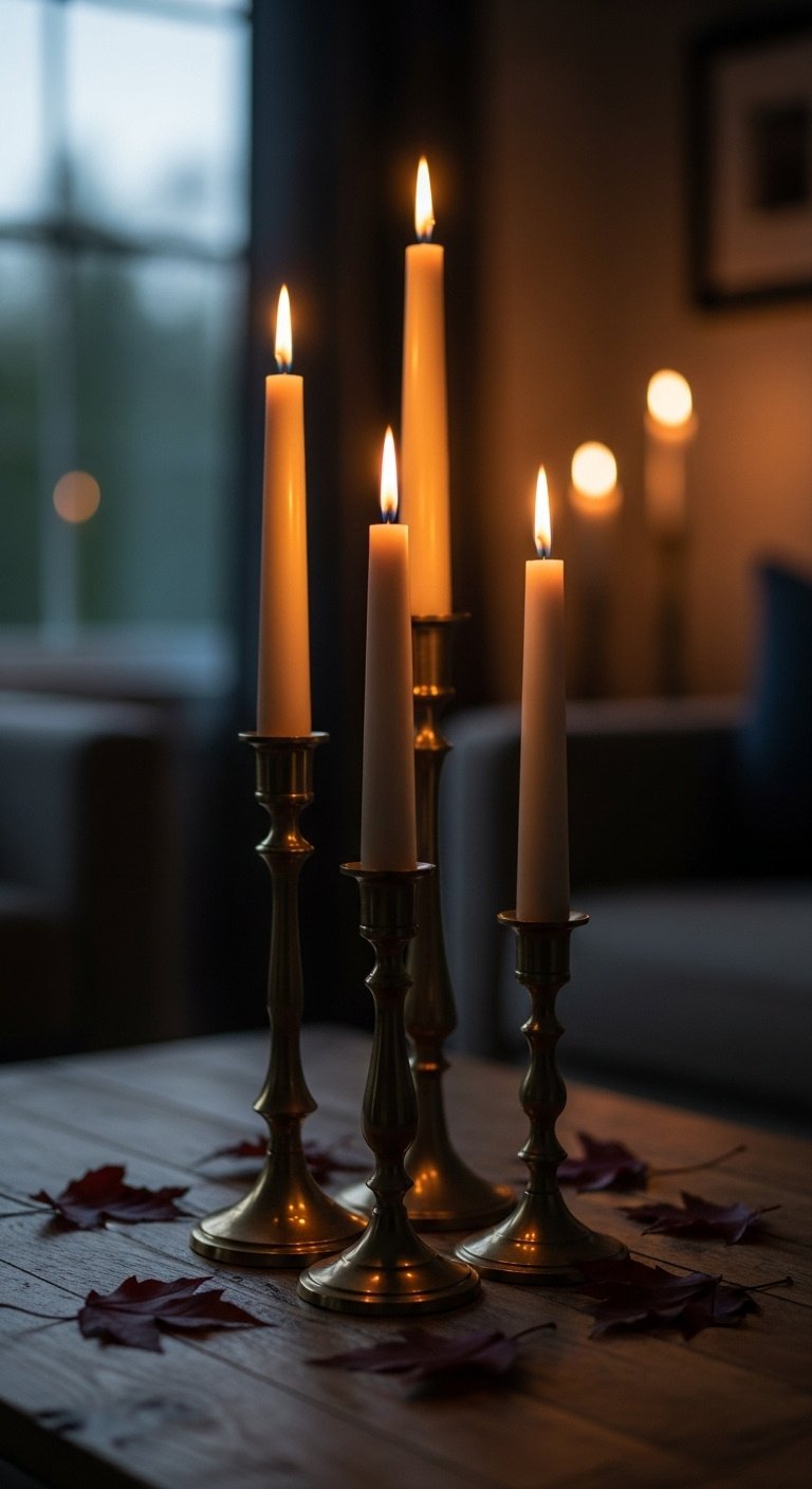 Cluster of lit brass candlesticks with cream taper candles on a reclaimed wood coffee table at twilight