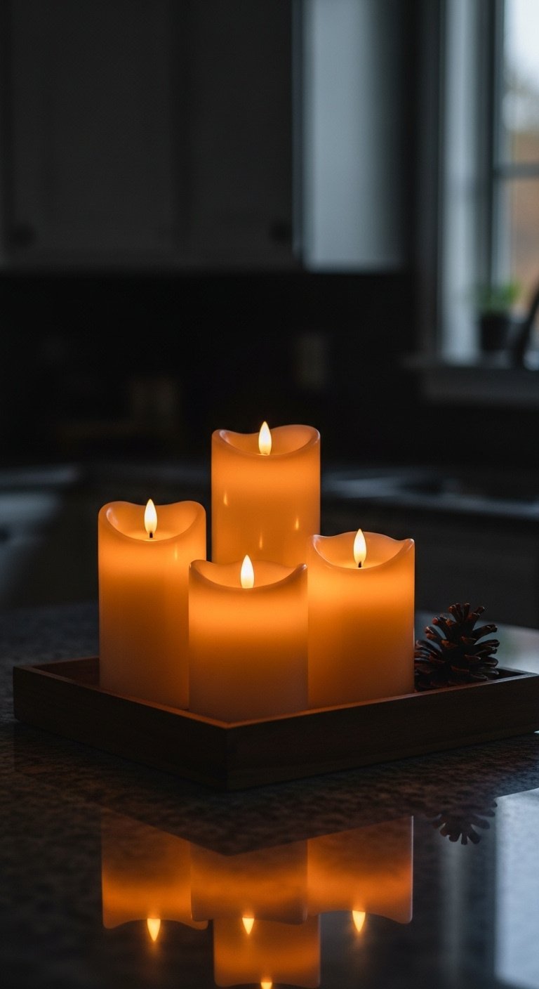 Cluster of three flickering battery-operated pillar candles on a dark wood tray on a kitchen counter with a pinecone