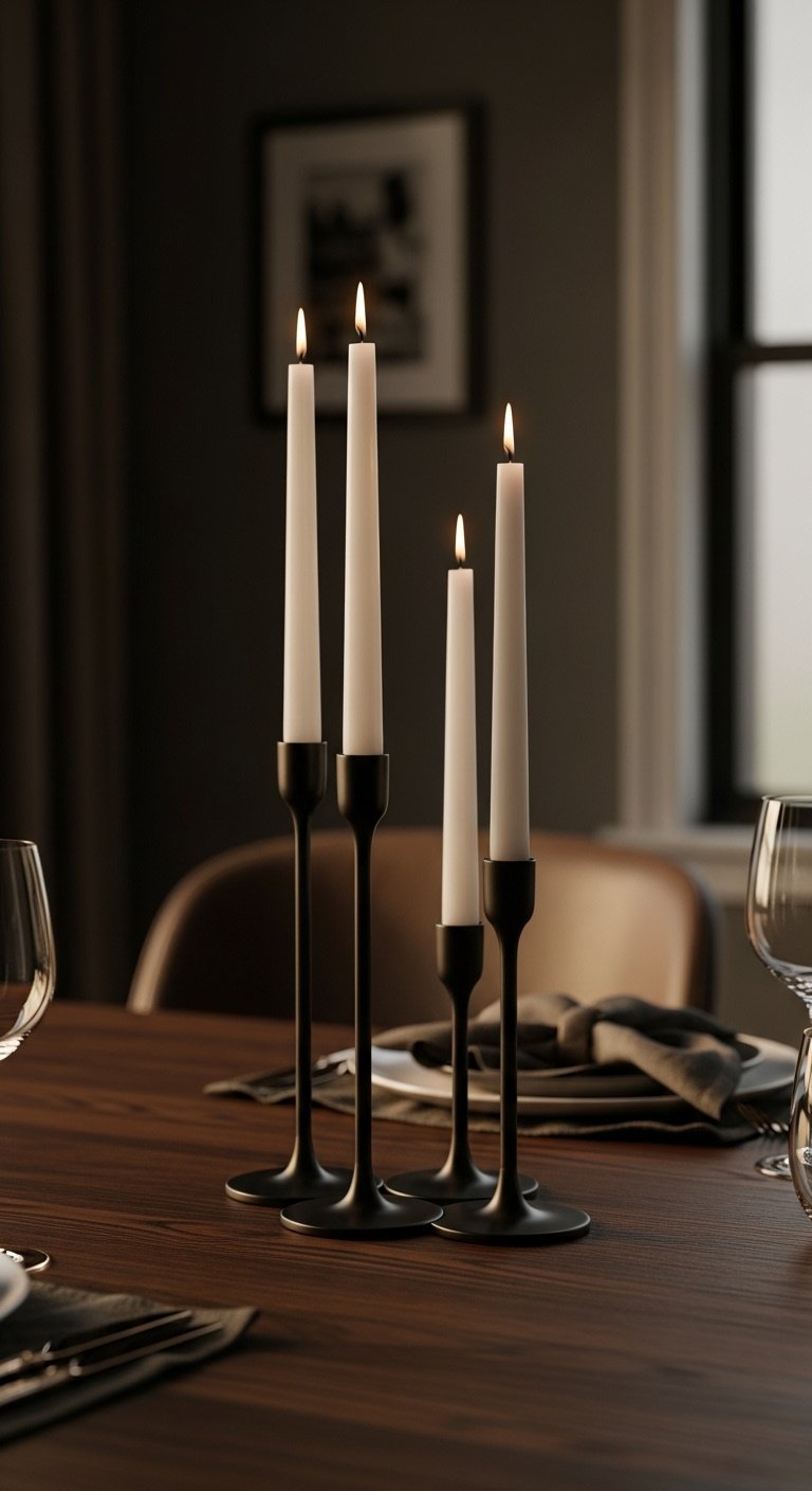 Cluster of three matte black metal candlesticks with white taper candles on a dark wood dining table in moody light