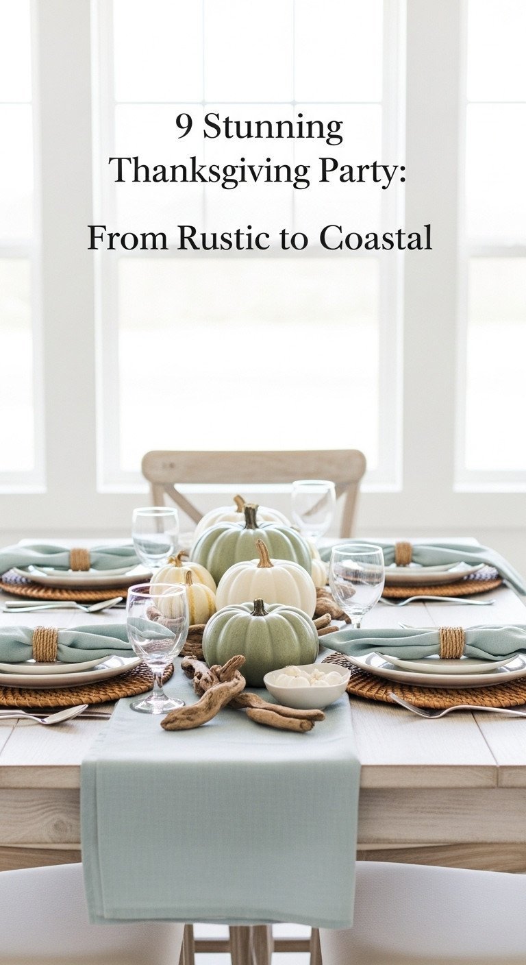 Coastal Thanksgiving table decor with sage green white pumpkins rattan chargers and light blue linen napkins