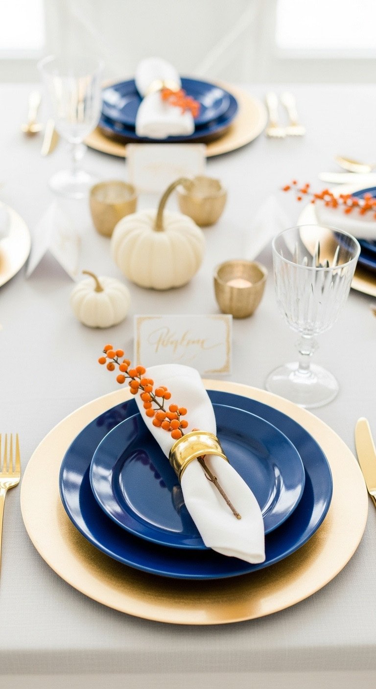Coastal blue and gold Thanksgiving place setting with gold charger flatware white napkin bittersweet branch and crystal goblet