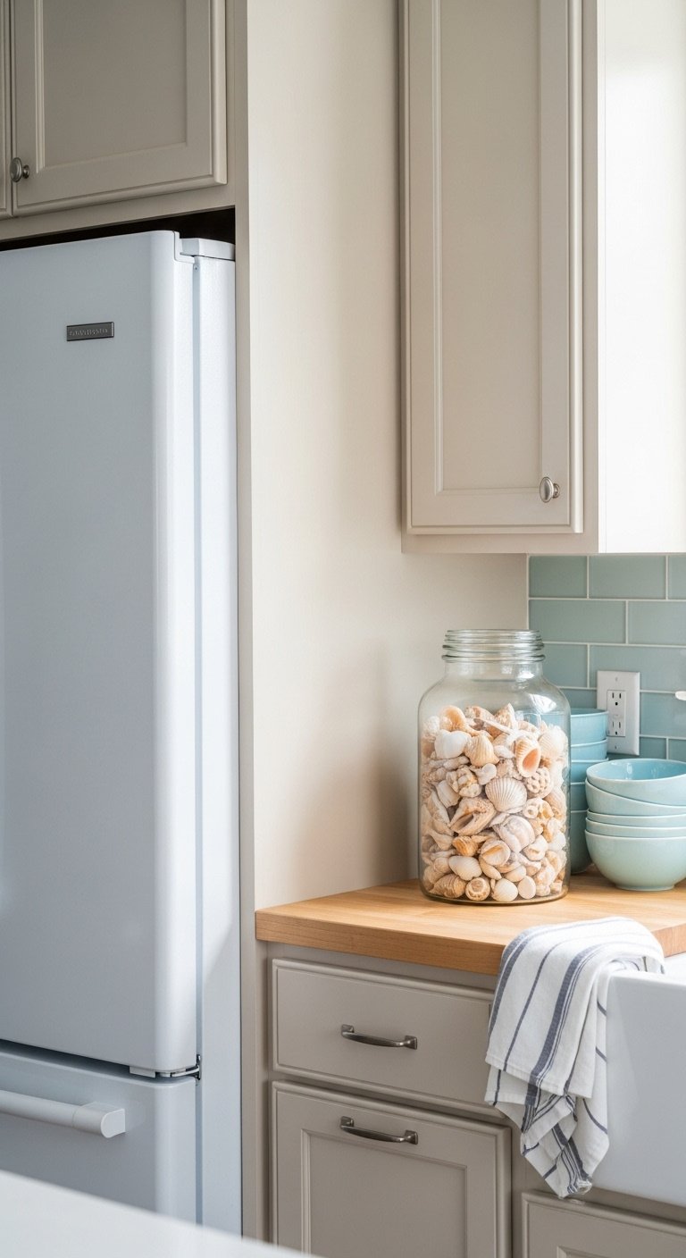 Coastal-inspired kitchen with clean white refrigerator pale beige cabinets glass jar with seashells and light butcher block countertop